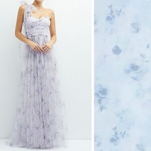 DESSY COLLECTION Floral Scarf Tie One-Shoulder Tulle Dress with Long Ful…